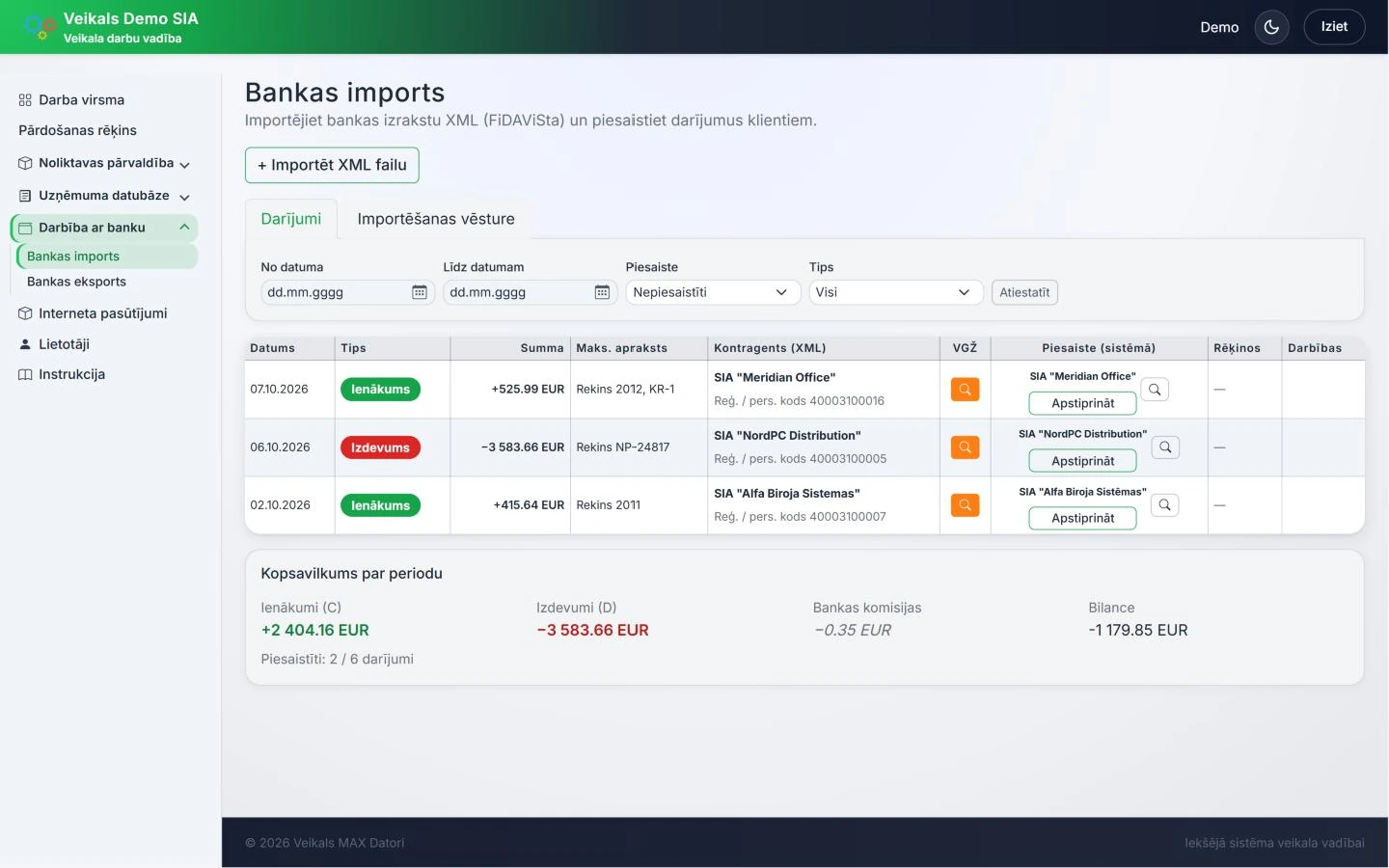 Bankas izraksta imports ar maksājumu piesaisti